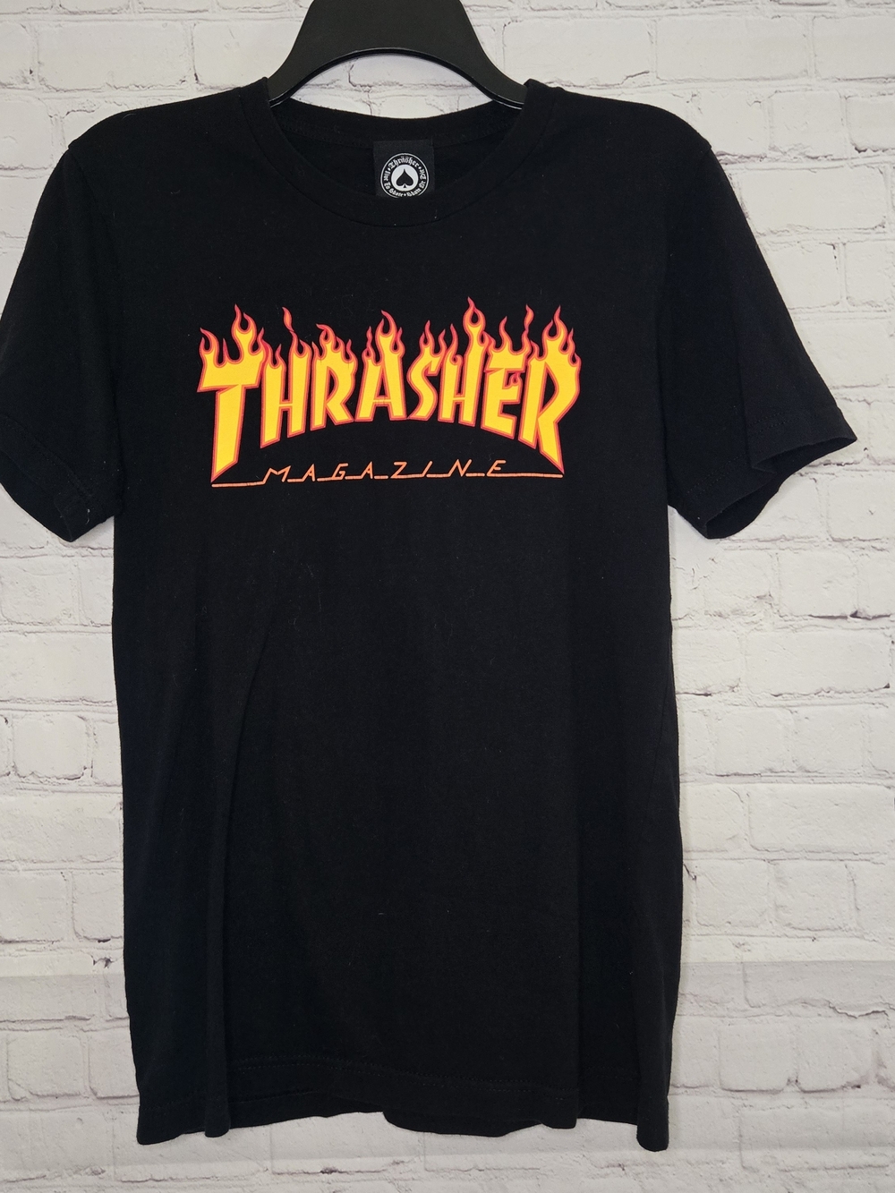 Thrasher Black Tee with Yellow-Orange Flame Logo
